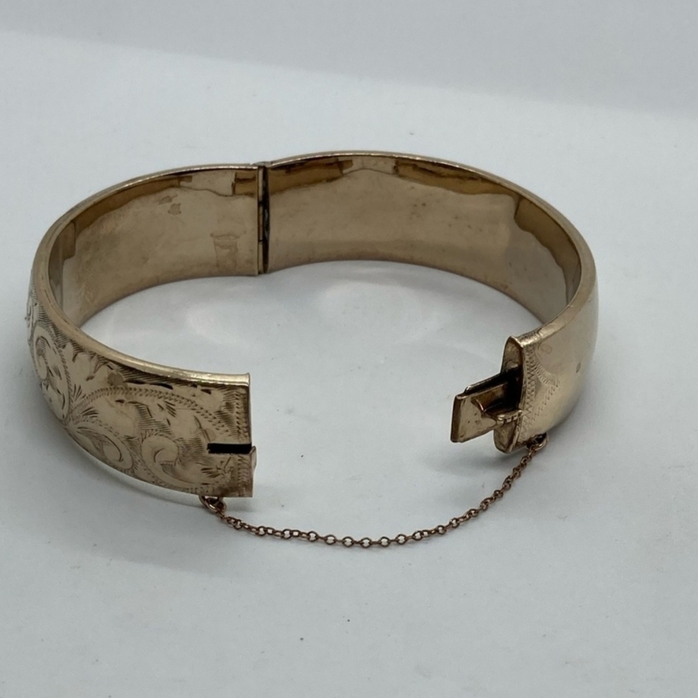 Vtg 9ct 9k Gold Floral Etched Bangle 9 Karat Gold w Metal Core 7” / 2.2”D - Picture 3 of 8
